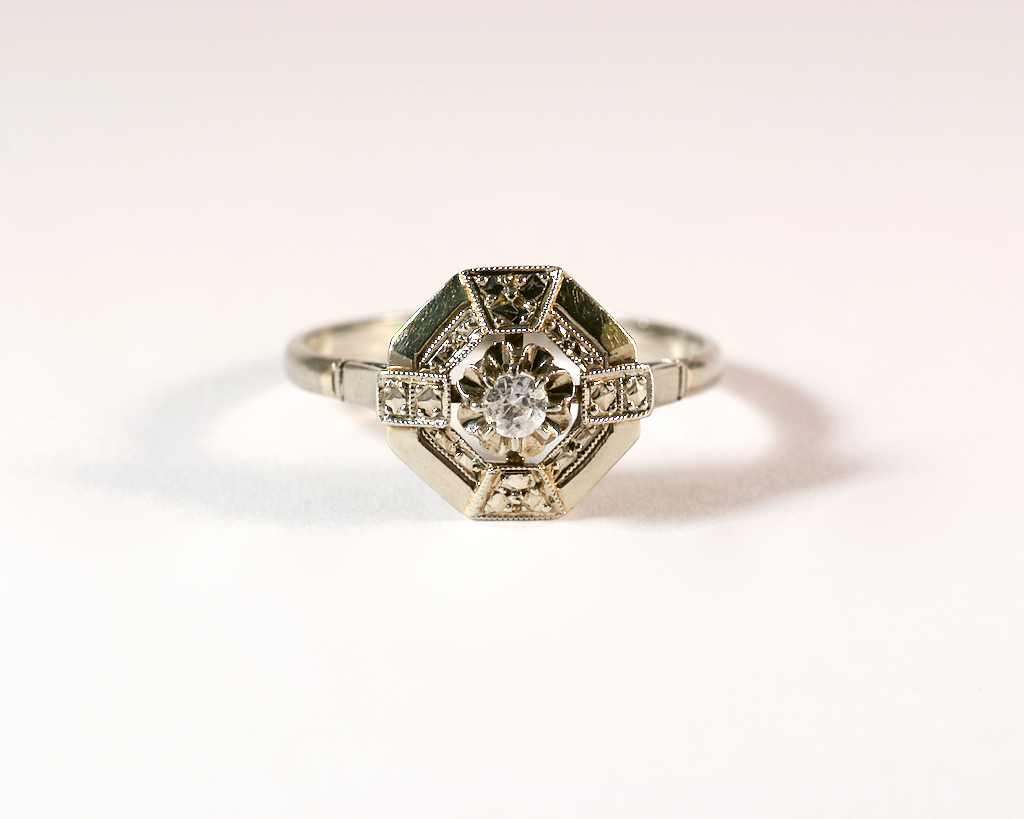 Bague Art Déco En Or 18 Carats Avec Pierre Blanche - Taille 56 Ajustable - Parfait état